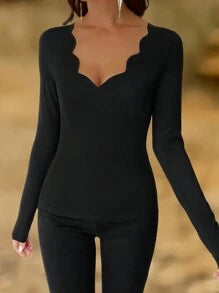 EMERY ROSE Women's Autumn/Winter Fashion Shell Trim V-Neck Long Sleeve Slim Fit Undershirt Fall Cloth For Women