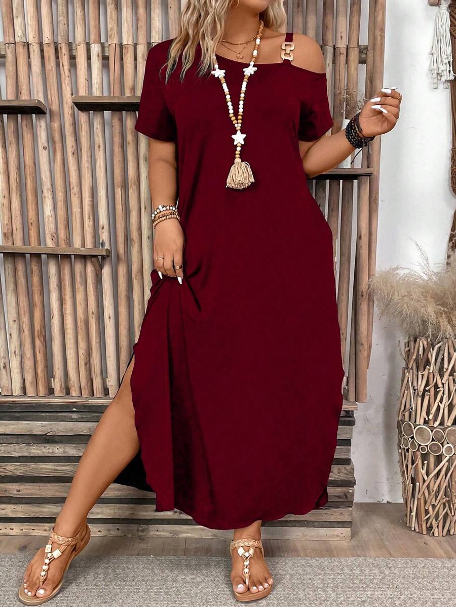 Ženska ležerna haljina plus size jednobojna, sa asimetričnim izrezom