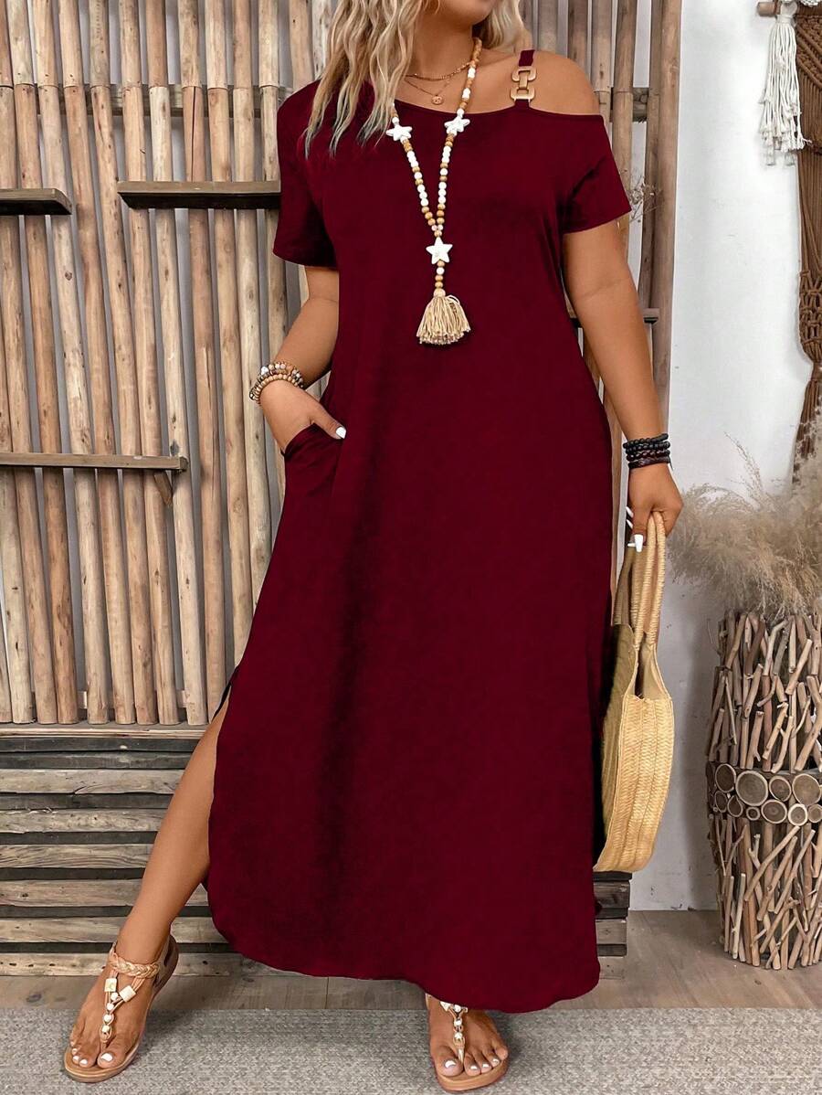 Ženska ležerna haljina plus size jednobojna, sa asimetričnim izrezom