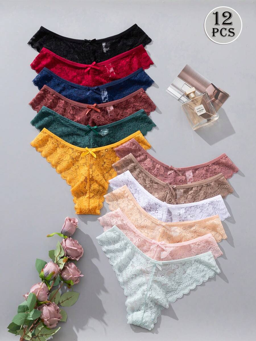 12 kom/pakovanje ženske elegantne i udobne bikini gaćice sa čipkastom ivicom