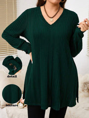 Ženska bluza plus size jednobojna sa rebrastim pletenjem elegantna i svestrana, dugih rukava