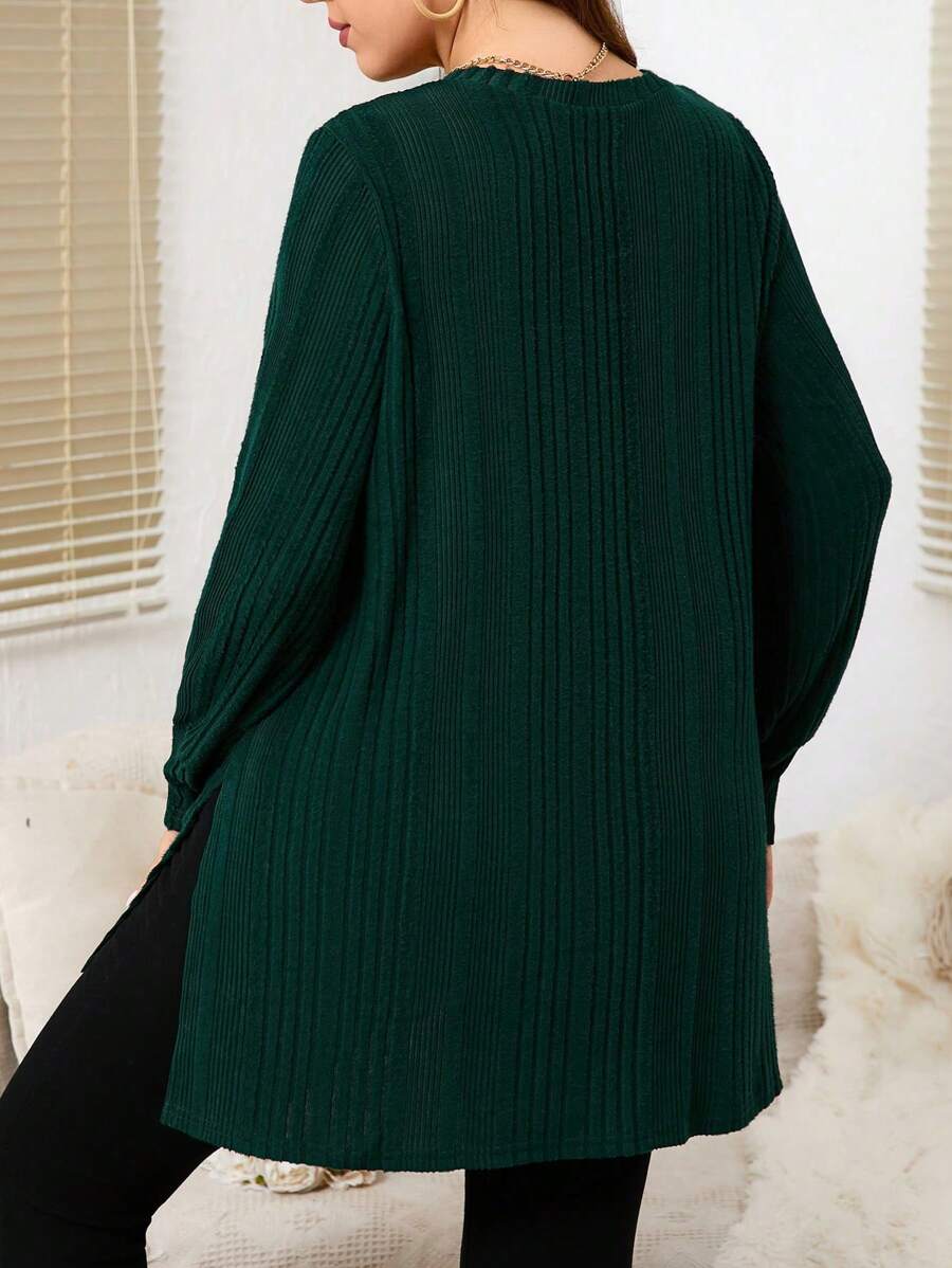 Ženska bluza plus size jednobojna sa rebrastim pletenjem elegantna i svestrana, dugih rukava