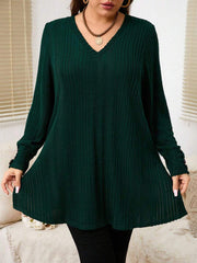 Ženska bluza plus size jednobojna sa rebrastim pletenjem elegantna i svestrana, dugih rukava