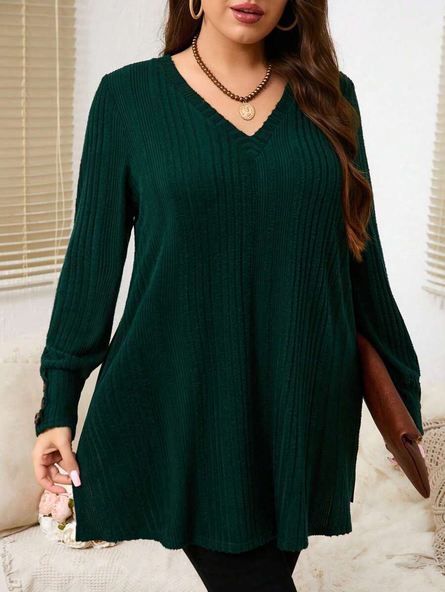 Ženska bluza plus size jednobojna sa rebrastim pletenjem elegantna i svestrana, dugih rukava