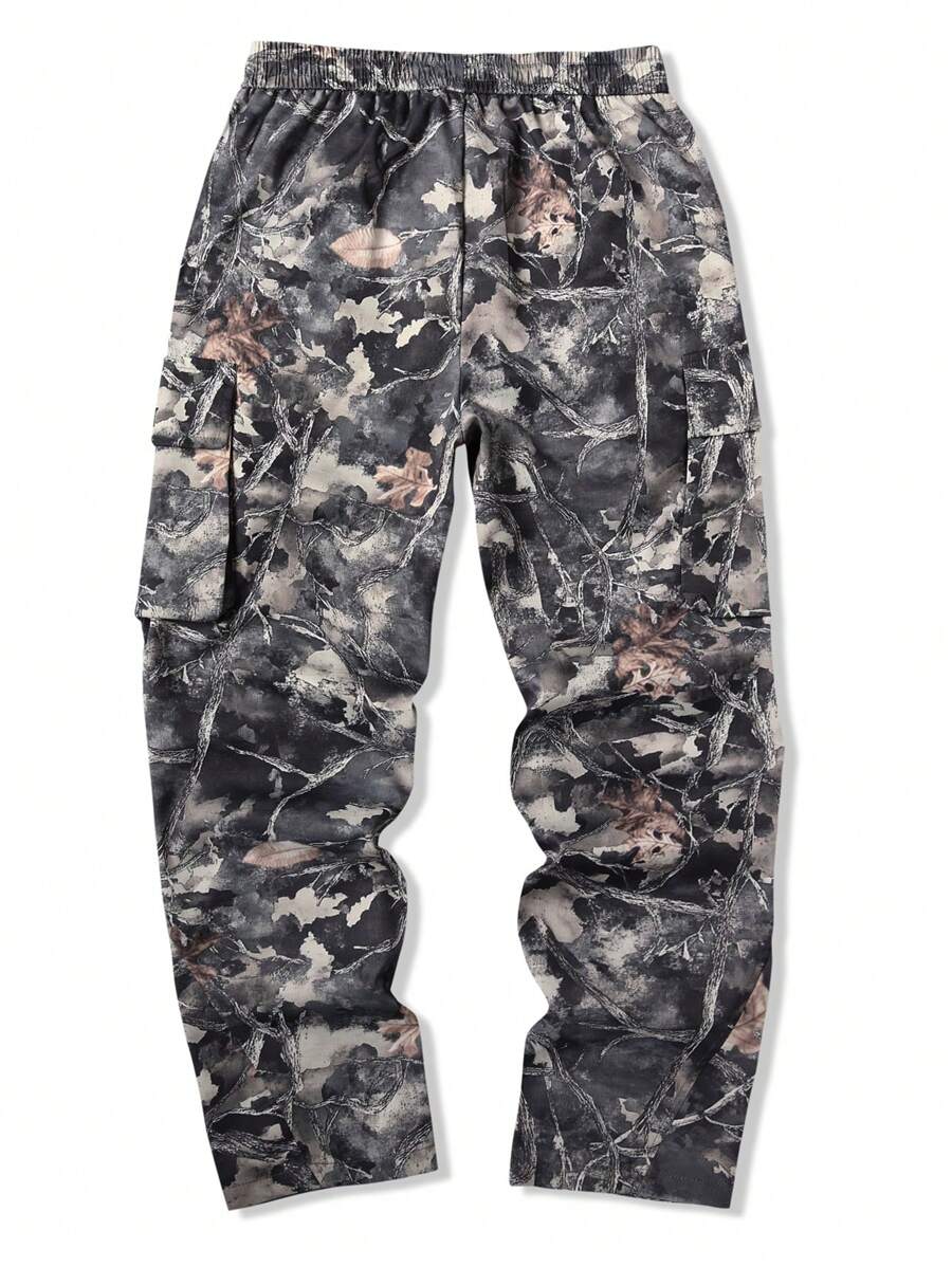Muške široke cargo pantalone jednobojne sa pertlom u struku i džepovima