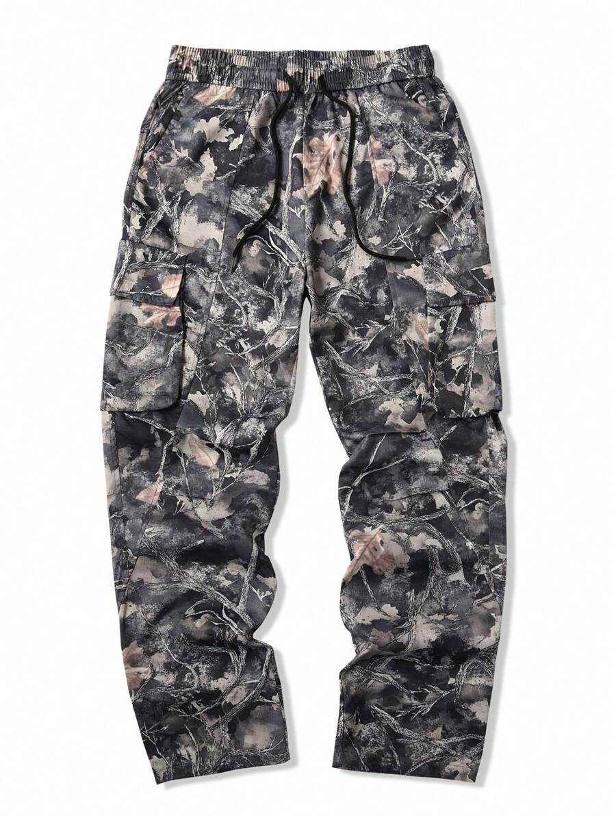 Muške široke cargo pantalone jednobojne sa pertlom u struku i džepovima
