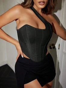 Women's Satin Tie-Front Asymmetric Hem Backless Top Black Summer