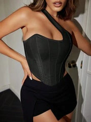 Women's Satin Tie-Front Asymmetric Hem Backless Top Black Summer