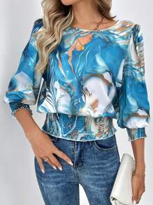 EMERY ROSE Crew Neck Puff Sleeve Lantern Sleeve Shirred Frill Trim Retro Leopard Print Casual Commute Elegant Blouse For Women, Autumn/Winter