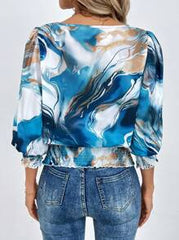EMERY ROSE Crew Neck Puff Sleeve Lantern Sleeve Shirred Frill Trim Retro Leopard Print Casual Commute Elegant Blouse For Women, Autumn/Winter