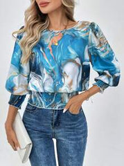 EMERY ROSE Crew Neck Puff Sleeve Lantern Sleeve Shirred Frill Trim Retro Leopard Print Casual Commute Elegant Blouse For Women, Autumn/Winter