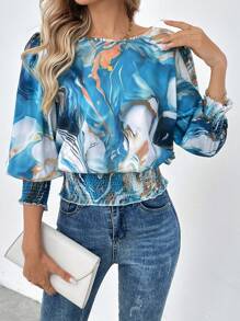 EMERY ROSE Crew Neck Puff Sleeve Lantern Sleeve Shirred Frill Trim Retro Leopard Print Casual Commute Elegant Blouse For Women, Autumn/Winter