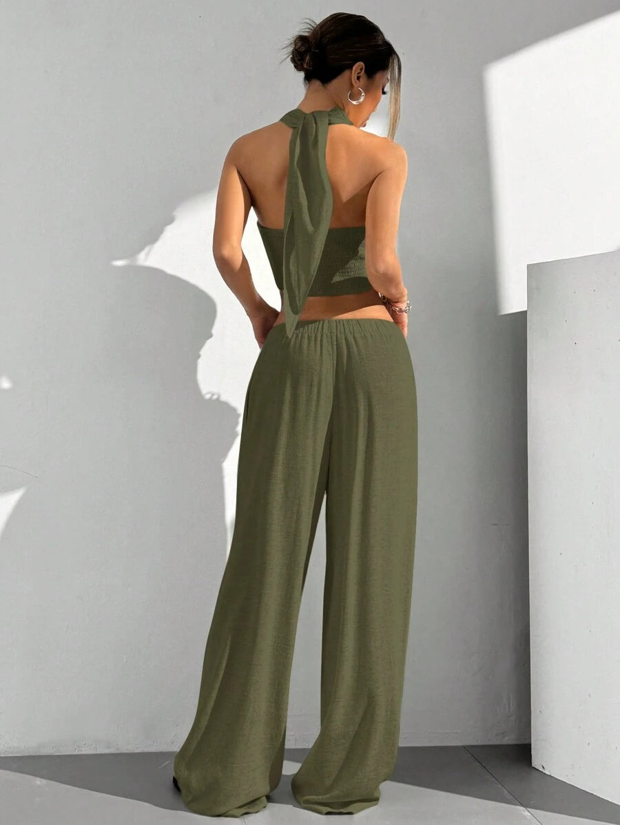 Laneni 2 kom/Set Žene Top  sa halter dekolteom i duge pantalone sa vezicom