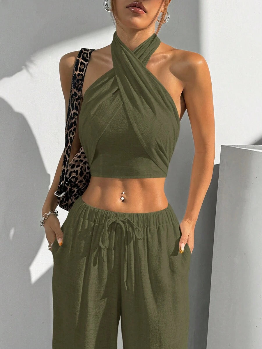 Laneni 2 kom/Set Žene Top  sa halter dekolteom i duge pantalone sa vezicom