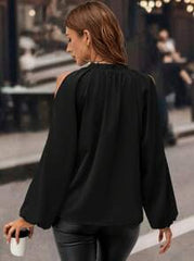 Editum 1pc Women's Open Shoulder Blouse, Elegant Ruched Long Sleeve Black