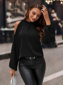 Editum 1pc Women's Open Shoulder Blouse, Elegant Ruched Long Sleeve Black