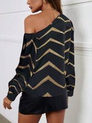 Uhlyne Women's Casual Simple Loose Fit Foil Stamping Oblique Shoulder Blouse One Shoulder Top
