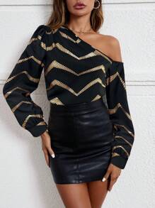 Uhlyne Women's Casual Simple Loose Fit Foil Stamping Oblique Shoulder Blouse One Shoulder Top