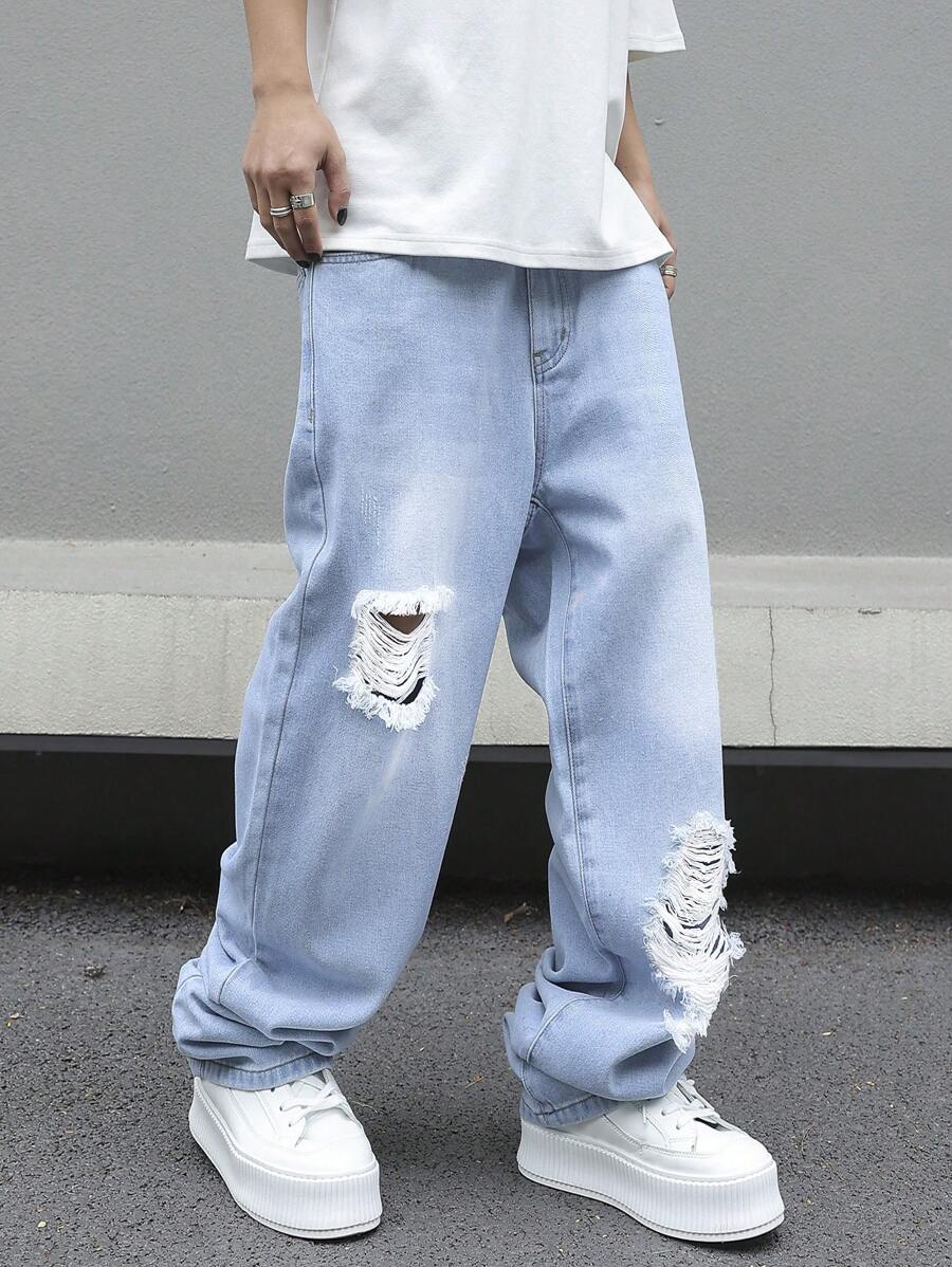 Muške široke izgužvane farmerke akva plave boje, letnje streetwear cargo