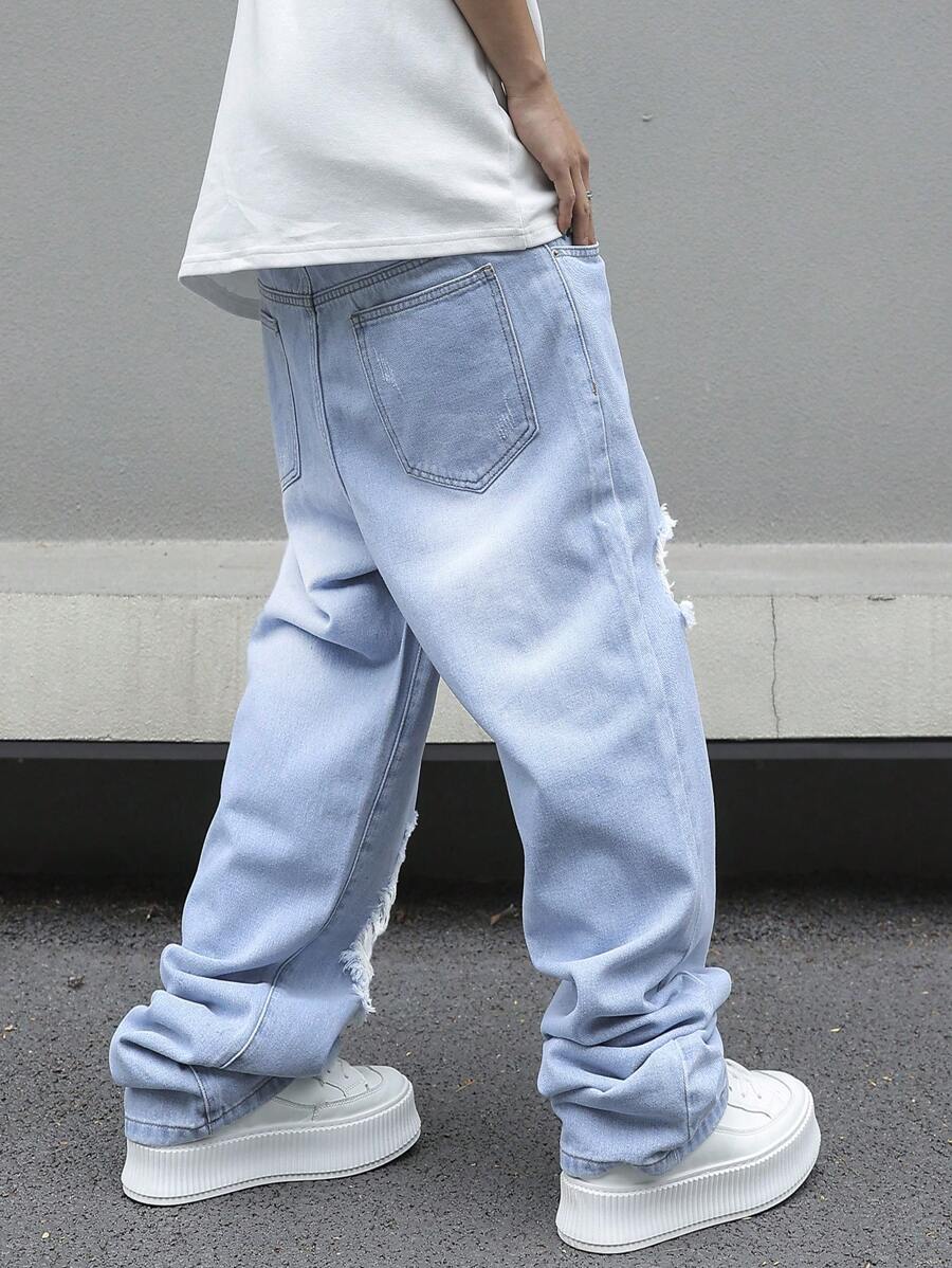Muške široke izgužvane farmerke akva plave boje, letnje streetwear cargo