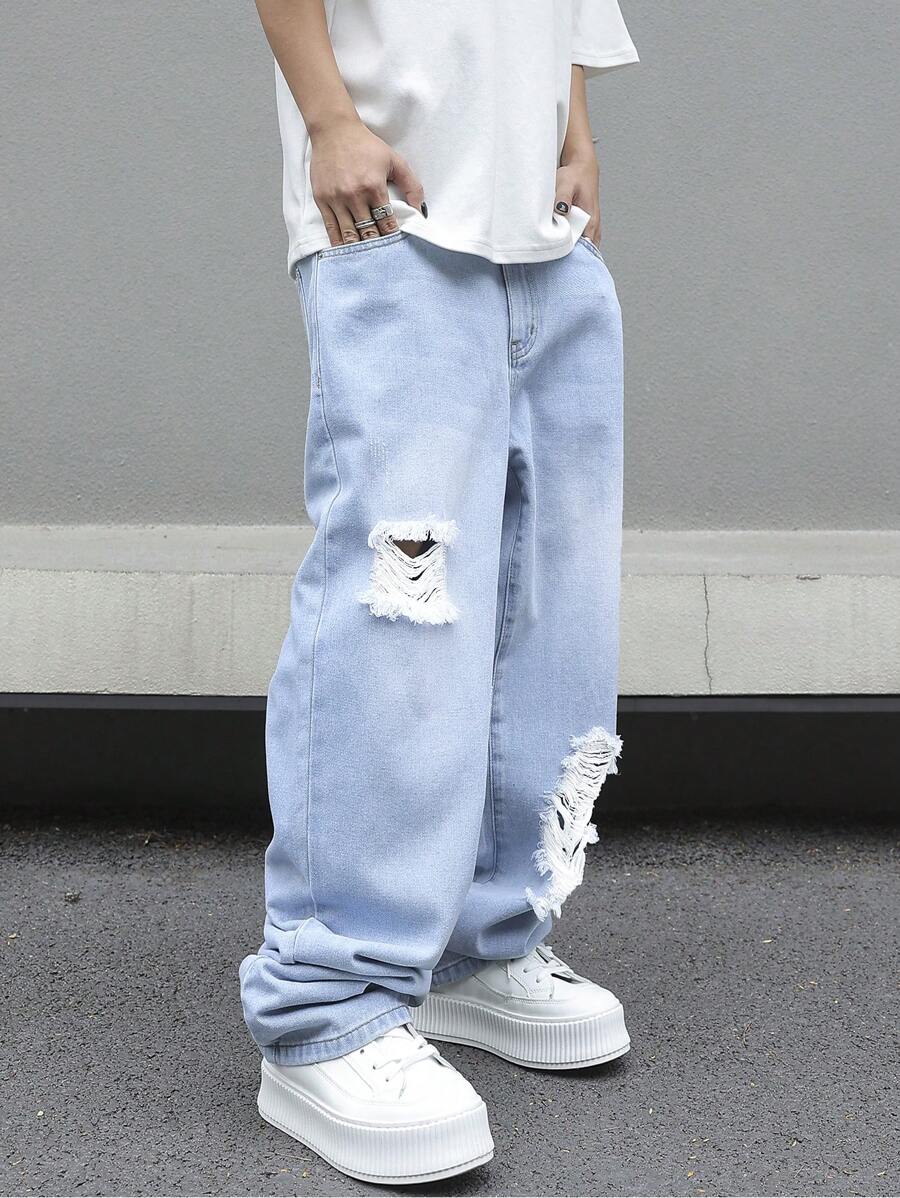 Muške široke izgužvane farmerke akva plave boje, letnje streetwear cargo