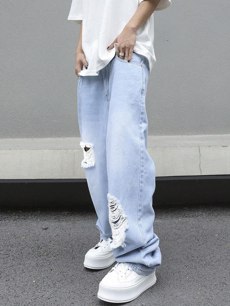Muške široke izgužvane farmerke akva plave boje, letnje streetwear cargo
