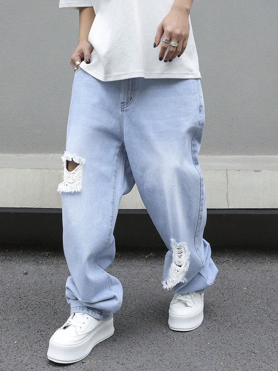 Muške široke izgužvane farmerke akva plave boje, letnje streetwear cargo