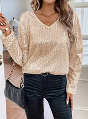 SHEIN Clasi Women's V-Neck Puff Sleeve Glossy Party Blouse