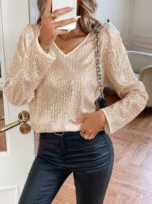 SHEIN Clasi Women's V-Neck Puff Sleeve Glossy Party Blouse