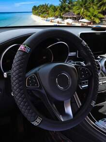 MEIKAXIU 1pc PU Leather 3D Embroidery With Rhinestone Car Steering Wheel Cover (No Inner Ring) Blingbling Style For Women, Suitable For 14.5-15 Inches Car Accessories
