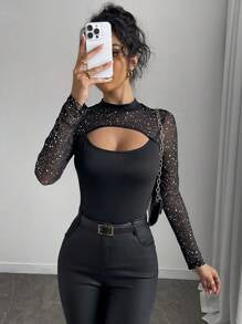 Rafferiza Women's Sexy Black Hollow-Out Mesh Silver Foil Splice Long Sleeve Slim Fit T-Shirt For Spring Fall Cloth For Women