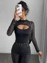 Rafferiza Women's Sexy Black Hollow-Out Mesh Silver Foil Splice Long Sleeve Slim Fit T-Shirt For Spring Fall Cloth For Women