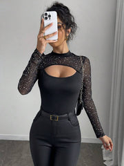 Rafferiza Women's Sexy Black Hollow-Out Mesh Silver Foil Splice Long Sleeve Slim Fit T-Shirt For Spring Fall Cloth For Women