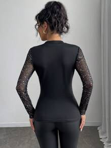 Rafferiza Women's Sexy Black Hollow-Out Mesh Silver Foil Splice Long Sleeve Slim Fit T-Shirt For Spring Fall Cloth For Women