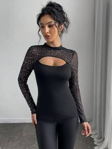 Rafferiza Women's Sexy Black Hollow-Out Mesh Silver Foil Splice Long Sleeve Slim Fit T-Shirt For Spring Fall Cloth For Women