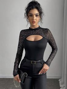 Rafferiza Women's Sexy Black Hollow-Out Mesh Silver Foil Splice Long Sleeve Slim Fit T-Shirt For Spring Fall Cloth For Women
