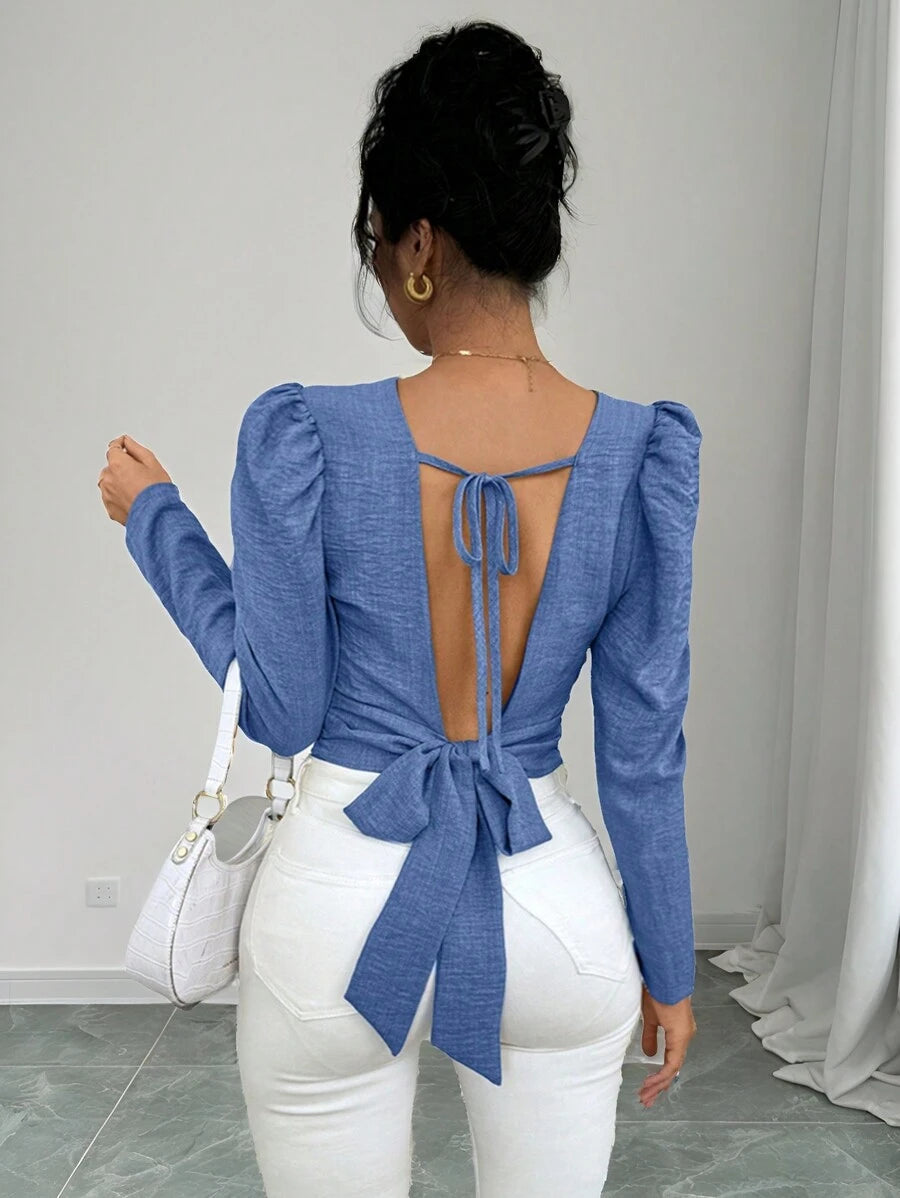 Ženska Elegantna Bluzica Jednobojna sa Vezivanjem Na Leđima