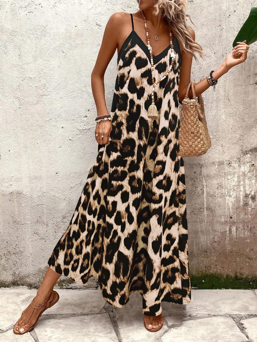 EMERY ROSE Women Leopard Print Sleeveless Dress, Casual Vacation Dress Maxi Vacation Beach Outfit
