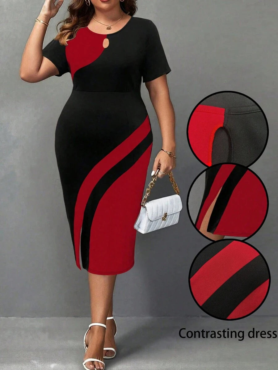 Plus size haljina sa koloblock dizajnom i izrezom