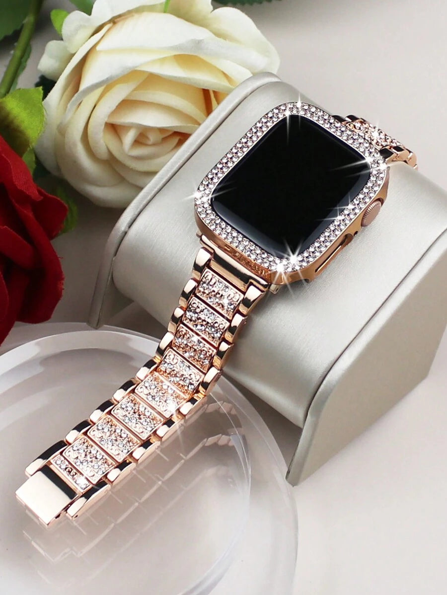 Kompatibilna narukvica i kućište  sa sjajnom metalnom narukvicom sa kristalima i otpornim tvrdim PC kućištem Kompatibilno sa Apple Watch Series Ultra/11/10/9/8/7/6/5/4/3/SE