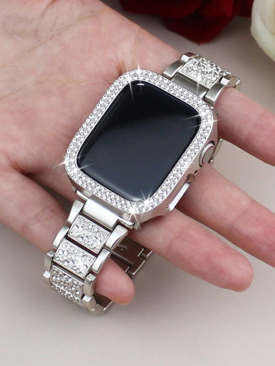 Kompatibilna narukvica i kućište  sa sjajnom metalnom narukvicom sa kristalima i otpornim tvrdim PC kućištem Kompatibilno sa Apple Watch Series Ultra/11/10/9/8/7/6/5/4/3/SE