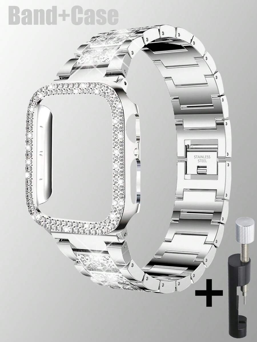 Kompatibilna narukvica i kućište  sa sjajnom metalnom narukvicom sa kristalima i otpornim tvrdim PC kućištem Kompatibilno sa Apple Watch Series Ultra/11/10/9/8/7/6/5/4/3/SE