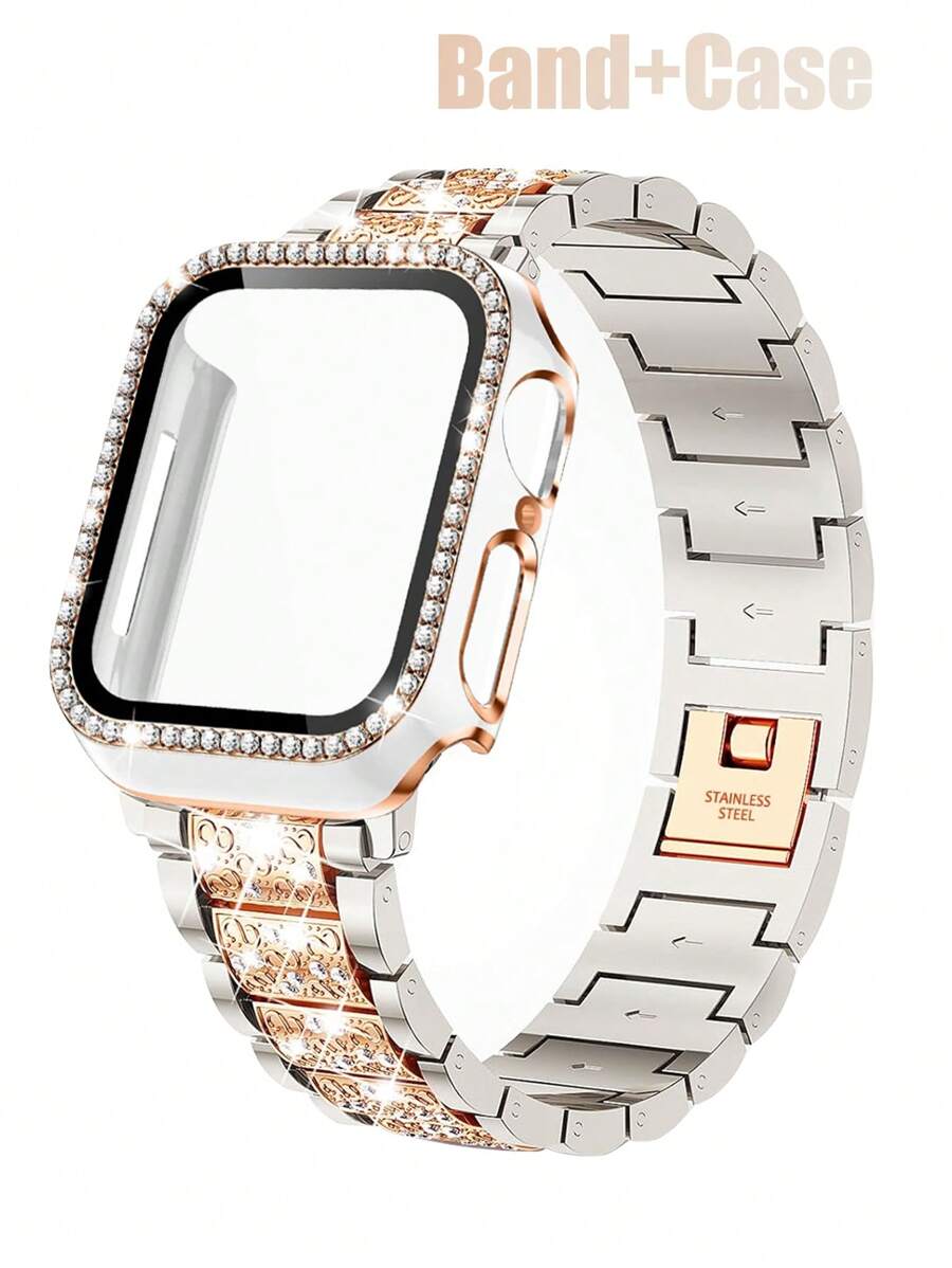 Kompatibilna narukvica i kućište  sa sjajnom metalnom narukvicom sa kristalima i otpornim tvrdim PC kućištem Kompatibilno sa Apple Watch Series Ultra/11/10/9/8/7/6/5/4/3/SE