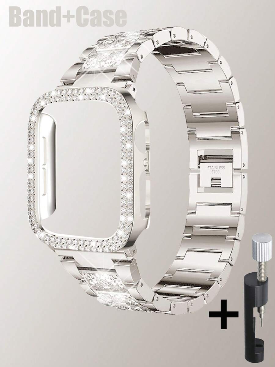 Kompatibilna narukvica i kućište  sa sjajnom metalnom narukvicom sa kristalima i otpornim tvrdim PC kućištem Kompatibilno sa Apple Watch Series Ultra/11/10/9/8/7/6/5/4/3/SE