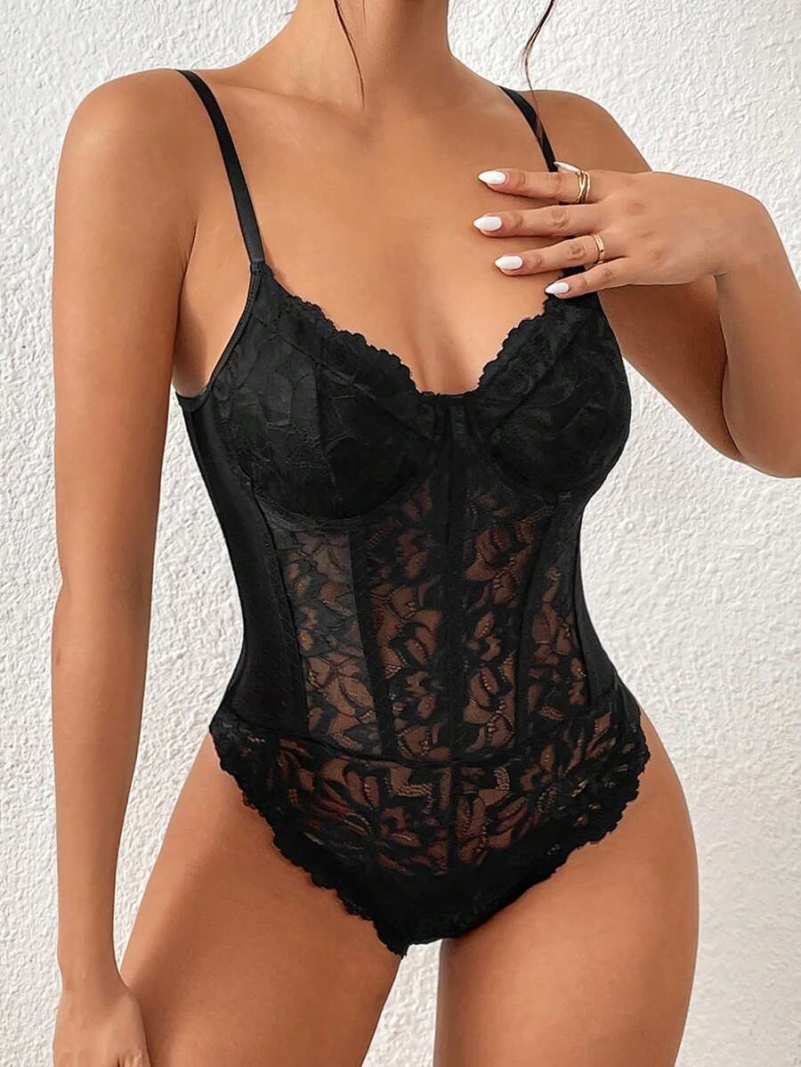 Seksi šik bodi u francuskom stilu, čipkani providni mrežasti materijal sa žicom