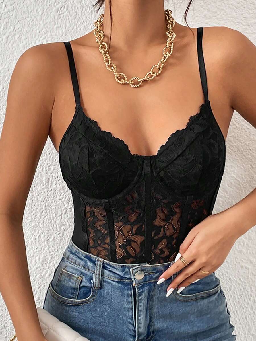 Seksi šik bodi u francuskom stilu, čipkani providni mrežasti materijal sa žicom