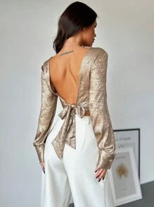 Firerie Elegant & Fashionable Party/Work Solid Gold Long Sleeve Off-Shoulder Bow-Tie Waist Fitted Slim Blouse, Autumn/Winter