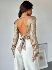 Firerie Elegant & Fashionable Party/Work Solid Gold Long Sleeve Off-Shoulder Bow-Tie Waist Fitted Slim Blouse, Autumn/Winter