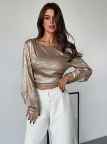 Firerie Elegant & Fashionable Party/Work Solid Gold Long Sleeve Off-Shoulder Bow-Tie Waist Fitted Slim Blouse, Autumn/Winter