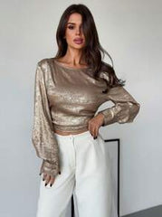Firerie Elegant & Fashionable Party/Work Solid Gold Long Sleeve Off-Shoulder Bow-Tie Waist Fitted Slim Blouse, Autumn/Winter